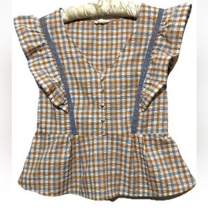 Perch by Blu Pepper Top S/M Plaid Ruffle Sleeve Lace Trim Coquette Shirt Blouse